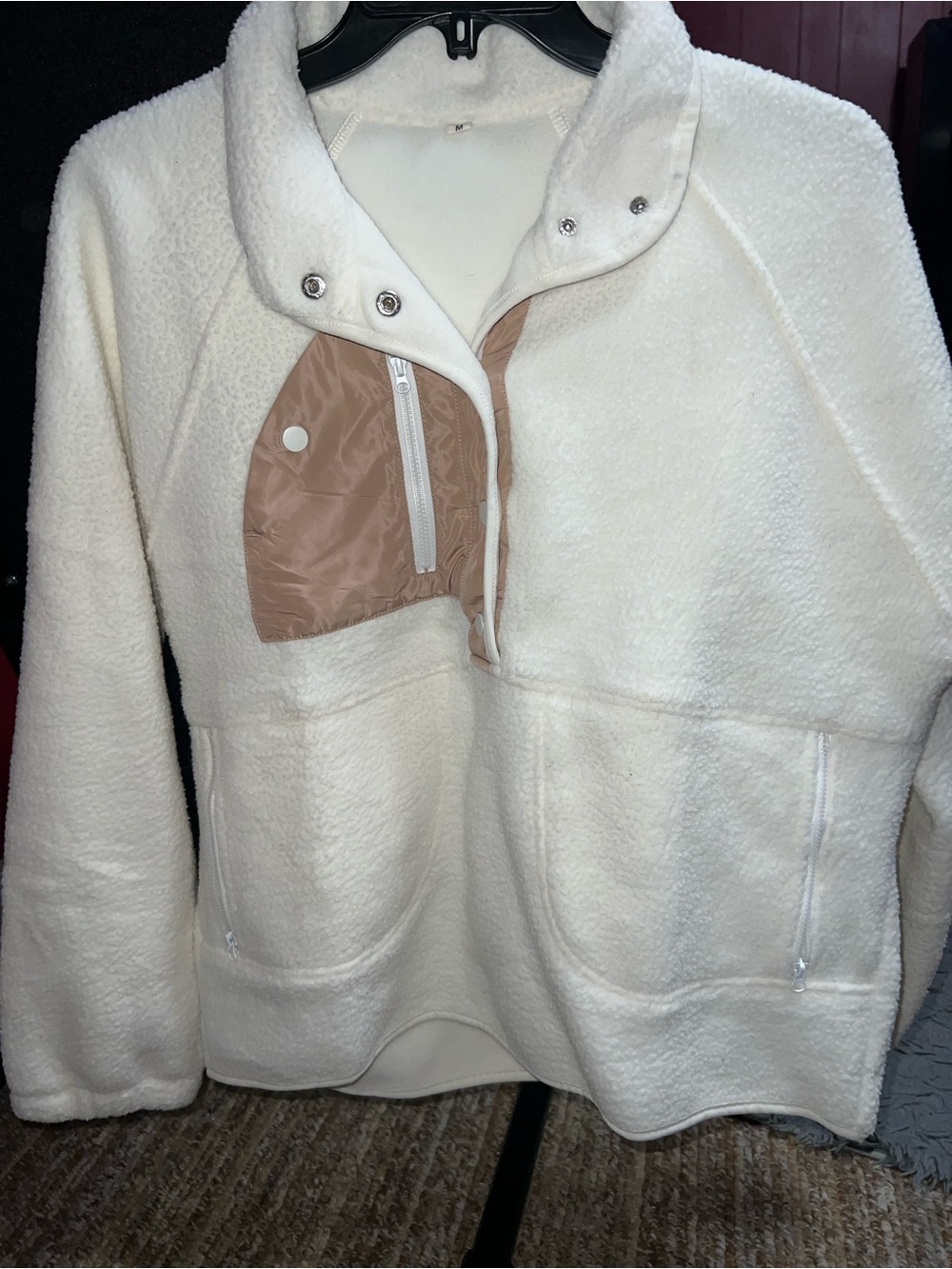 Amazon Women's Cream Sherpa Pullover with Tan Chest Pocket